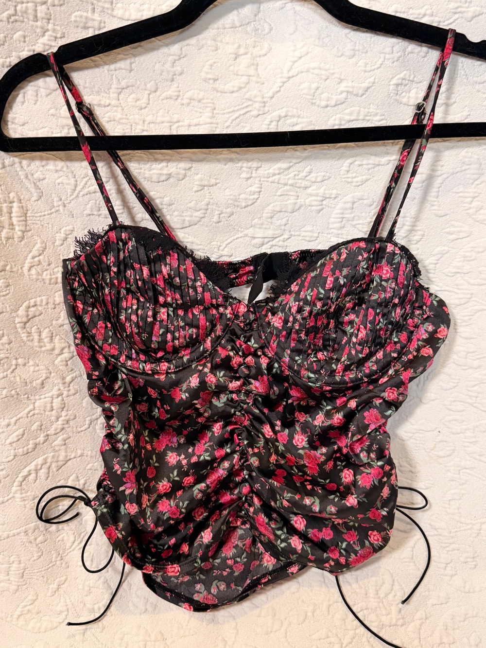 For Love & Lemons Black & Pink Floral Ruched Cami Top